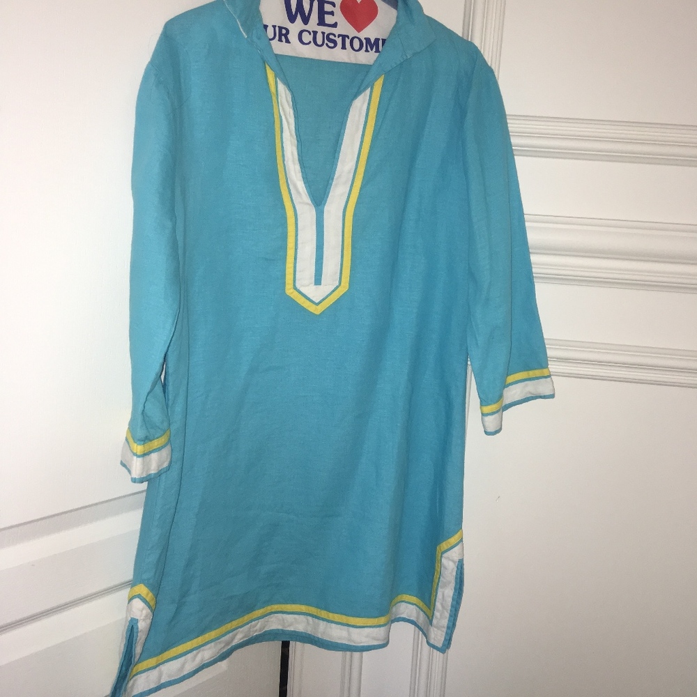 Linen turquoise, white and yellow top